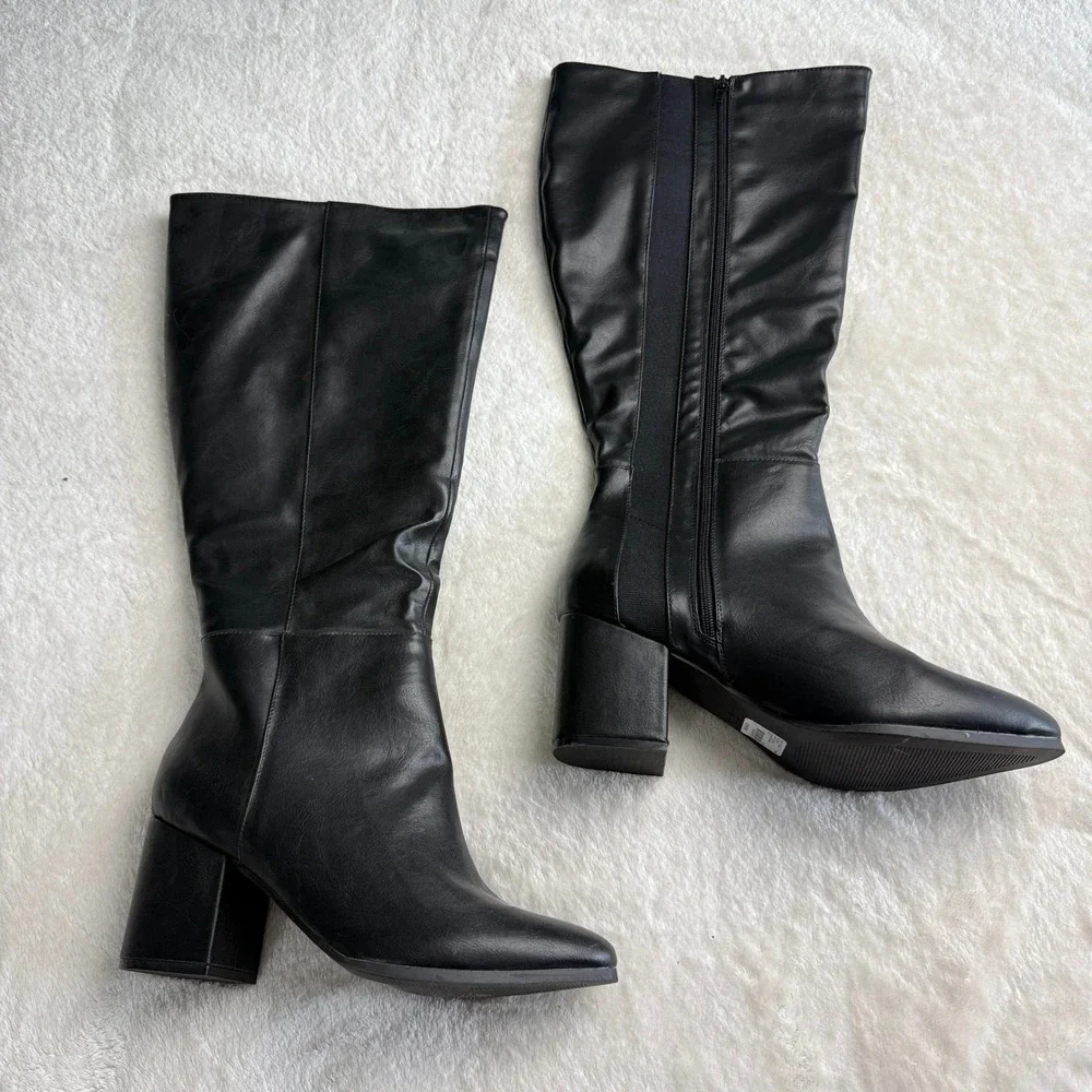 Lane Bryant Womens 9W Black Knee High Block Heel Boots Stretch Zip Wide Width